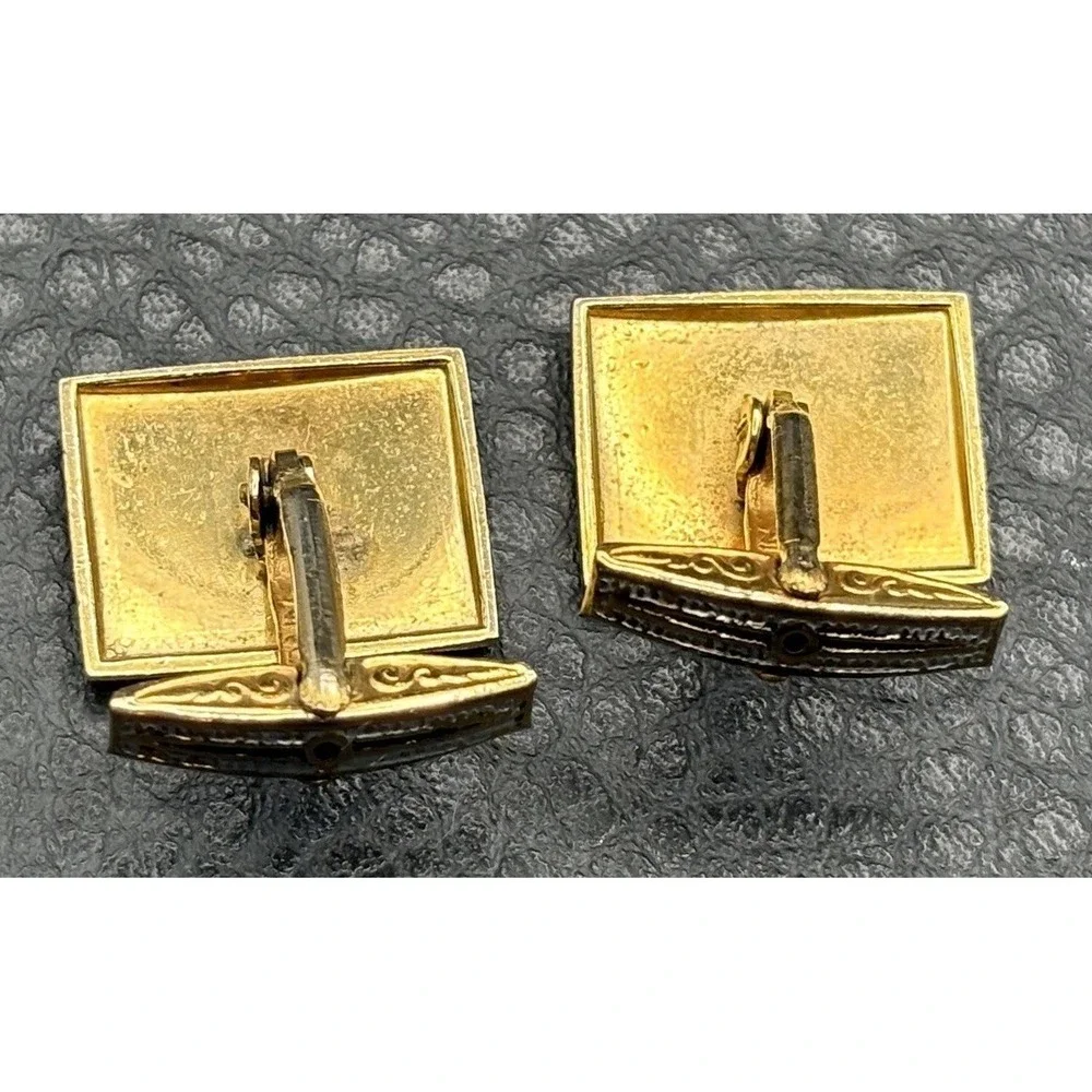 Vintage Damascene Gold Tone Ornate Rectangular Cufflinks Palace Palm Tree Moon